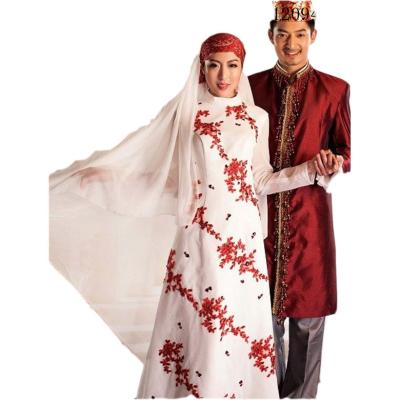 China Custom One Size Anti-wrinkle GANE Quick Delivery OEM/ODM Logo Red White Simple Turkish Muslim Islamic Long Sleeve Wedding Dresses for sale