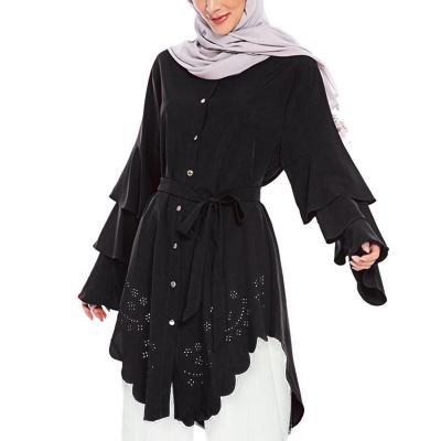 China Anti-Wrinkle GANE Fast Delivery XL-5XL Custom Logo Pleated Plus Size Muslim Round Loose Hollow Sleeve Stack Neck Women's Abaya Tunic Top Shirt for sale