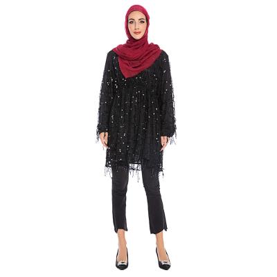 China Muslim GANE Anti-Wrinkle S-3XL Sequin Tassel Fashion Fast Delivery Custom Pleated Islamic Dress Plus Size Women Blouse Top Shirt for sale