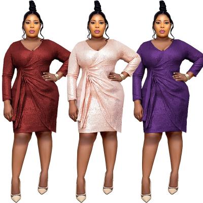 China GANE M-XXL Custom Anti-Static Plus Size Solid Elegant African Women's Sequin V-Neck Dress Sexy Women's Summer Dress for sale