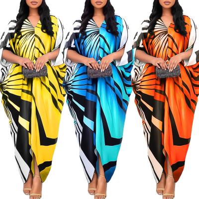 China OEM Amazon ODM Polyester Hot Selling Muslim Women's Bat Logo Sleeve Print Dress Custom Made African Big Plus Size Fast Shipping for sale