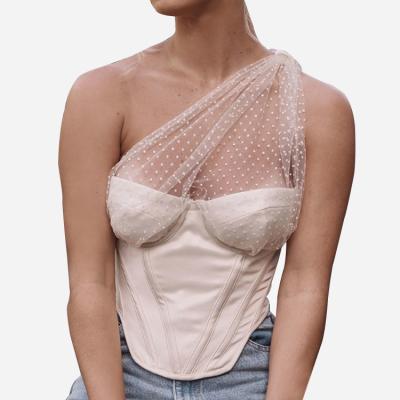 China Anti-pilling anti-pilling hot sales patchwork mesh hot stitch korean asymmetrical tops for women fancy tops for women for sale