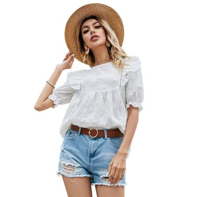 China Soft Sleeve Anti-Pilling Crochet Hollow Out Blouse Short Tops For Women for sale