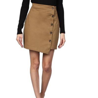 China High Quality Anti-Static PU Leather Skirt Button Up Solid Women One Line Skirt Brown Wrap Straight Skirts for sale