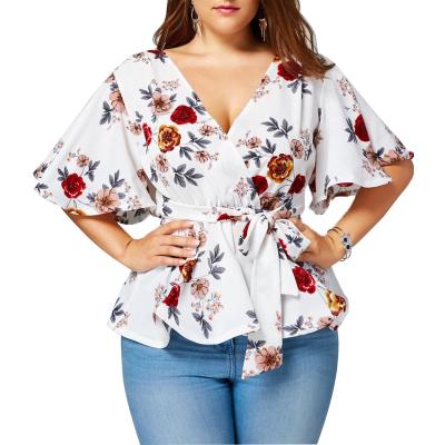 China Hot Sales Women's Fashionable V-Neck Anti-Shrink Fabric Ruffle Print Sashes Floral Chiffon Plus Size Tops for sale