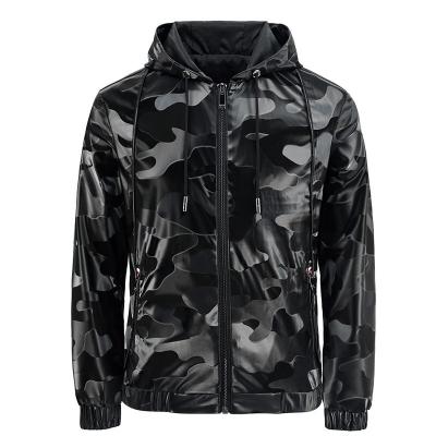 China Waterproof Casual Men's Hooded Leather Coat Windbreaker Chaqueta De Cuero Slim Camouflage Leather Jacket Men for sale