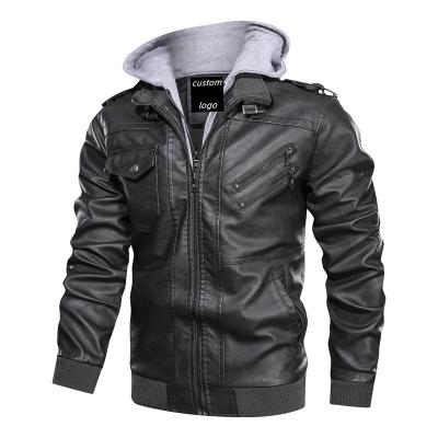 China 2023 Winter Coat Black Motorcycle Leather Jacket Waterproof Hooded Zipper PU Jacket Men Leather Jacket for sale