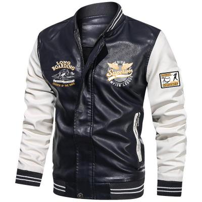 China Men's PU Baseball Jacket Fleece Stand Collar Men's Casual Letterman Printed Jacket Windproof for sale