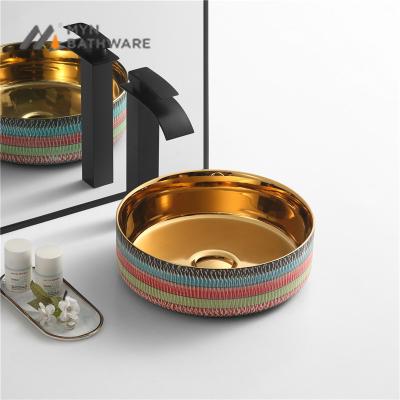 China Unique Design Ceramic Decorative Round Basin Bathroom Vanity Top Golden Handmade Sink for sale