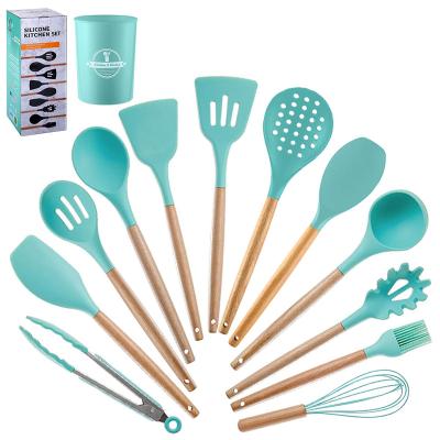 China Sustainable Wooden Handles Cooking Tool Utensil Set 11 Pcs Household Silicone Green Eco Friendly Kitchen Utensils for sale