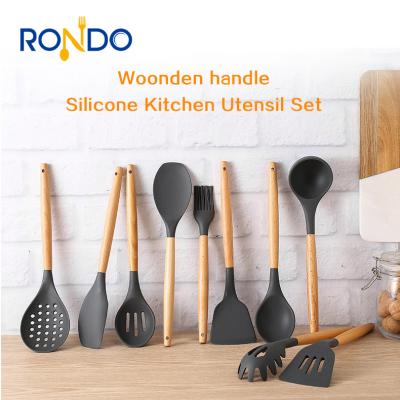 China Viable Wholesale 12 Pieces in 1 Set Silicone Kitchen Cooking Tools Stand Up Kitchen Tableware BBQ Eco Silicone Wooden Kitchen Utensils for sale