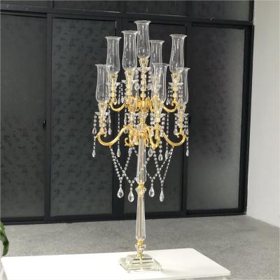 China Wholesale Gold European Gorgeous Metal 9am Style Crystal Candelabra Wedding Centerpieces for sale