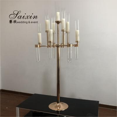 China Wedding New 13 Arm Glass Metal Gold Candelabra Wedding Centerpieces for sale