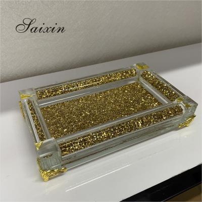 China With Gold Glitter Crystal Diamond Glass Jewelry Display Tray Wholesale Luxury Home Decor for sale