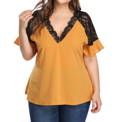 China European and American viable plus size women's color contrast lace stitching tops V-neck border shopping T-shirt for sale