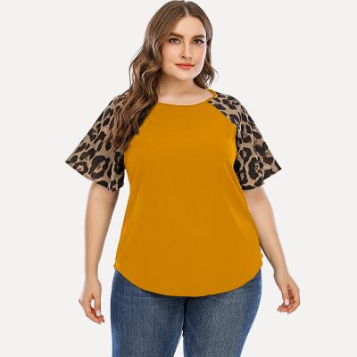 China European and American women's viable round neck short sleeve plus size cotton top T-shirt leopard printing casual sleeve wholesale for sale