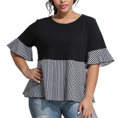 China European and American loose large size round neck viable short-sleeved T-shirt striped color sweet lady plus size T-shirts for sale