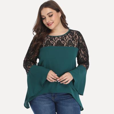 China Long-sleeved T-shirt loose large size fashion Europe and America solid color round neck viable lace shoulder for sale