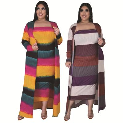 China Anti-wrinkle European and American new fashion striped style plus size vest skirt with long coat and two-piece women plus size hot dress for sale