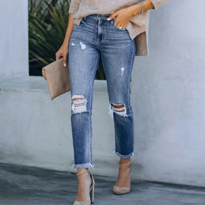 China Hot Selling 2021 New Style Viable Ripped Casual Small Stretch Mid Waist Fringed Straight Jeans Women for sale