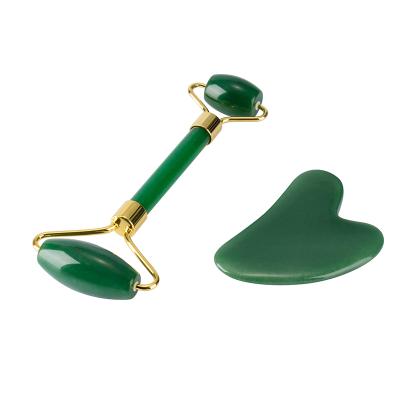 China Real Green Natural Jade Roller Guasha Beauty Massager Stone Facial Tools Face Lift Massager Face Lift Kits for sale