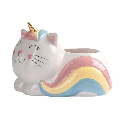 China Cute Cat Planter Modern Simple Ceramic Pot Series Cute Rainbow Cat Shaped Desktop Storage Tub for sale