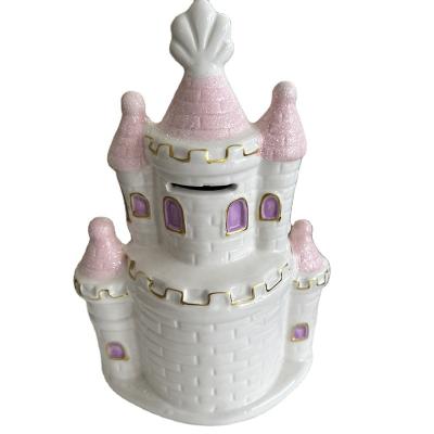 China Home Decorations.Gifts Cut Ceramic Money Bank Castle Shape Coin Saving Box Girl Piggy Kids For Christmas Birthday Gifts for sale