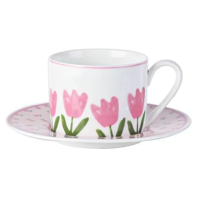 China Viable Pink Girl Tulips Tea Cup With Saucer Ceramic Mugs After Tea Cups Elegant Coffee Mugs For Mother's Day Valentine's Day Present for sale