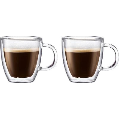 China Custom Viable Double Wall Logo Heat Resistant High Borosilicate Glass Coffee Mug With Glass Handle for sale