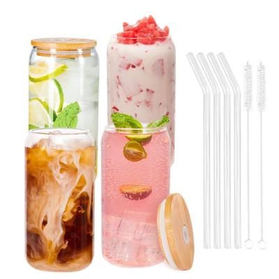 China Modern 16oz Beer Can Glass Mug With Bamboo Lid And Suitable Soda Iced Drinks Glass 16oz 500ml Juice Canister Sublimation Cola Glass Straws for sale