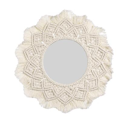 China Round Rope Cotton Macrame Boho Style Mirror Wall Hanging Decoration Hotel Bathroom Mirror for sale