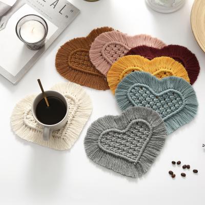 China Heart Shape Sustainable Macrame Woven Coaster For Drinks Boho Mug Tea Coaster With Tassels for sale