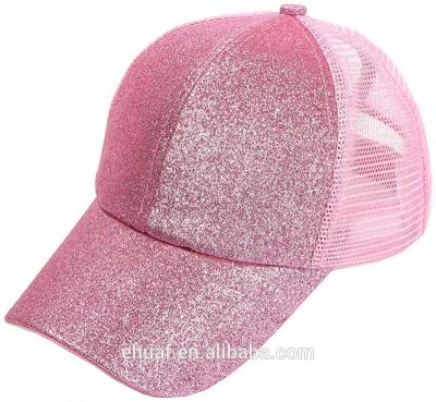 China Six COMMON Bling Bling Baseball Cap Ponytail Mesh Top Bun Panel Messy Adjustable Trucker Glitter Baseball Caps for sale