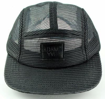 China Adjustable Closure Summer Leather Character 5 Panel Buckle Bill Flat Mesh Hat for sale