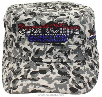 China Custom Logo Fashion Character Cotton Camouflage Colorful Rhinestones Military Hat And Cap for sale