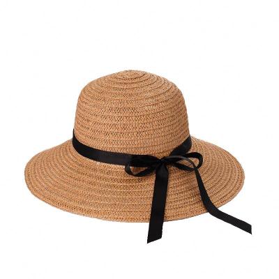 China Striped Women Beach Hat Bowknot Summer Brim Sun Wide Foldable Panama Straw Hat for sale