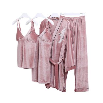 China New arrivals QUICK DRY pajamas set sexy four piece lace robe velvet sleepwear for women for sale