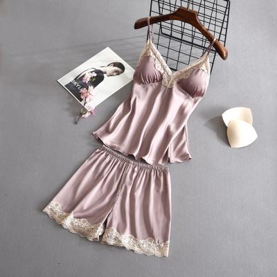 China Pink Teal 2020 Fashion Elegant Women's Printing Short Silk Pajama Sets QUICK DRY for sale