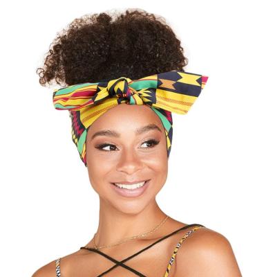 China European and American wide yoka head wrap headband knot bow tie print Africa style turban with satin striped for sale