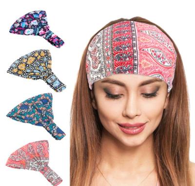 China European Wide Hair Scarf Knot Headbands Floral Printed Elastic Turban Wrap Stretch Cloth Fabric Thick Main Head Bands for sale