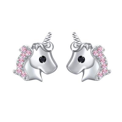 China advance & nickel & Fashion 925 Sterling Silver Cute CZ Free Cubic Zirconia Unicorn Stud Earrings Chrome For Little Girls for sale