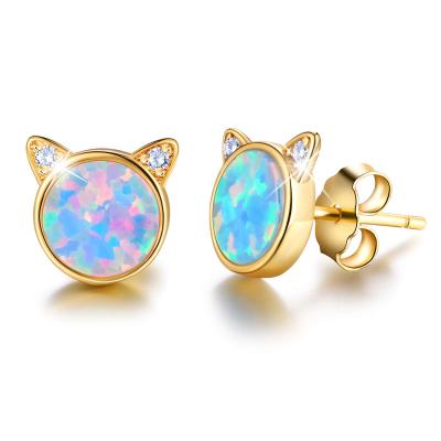 China advance & nickel & Chrome Free 14K Gold Plated 925 Sterling Silver Cubic Zircon Opal Cat Stud Earrings For Women Girls for sale