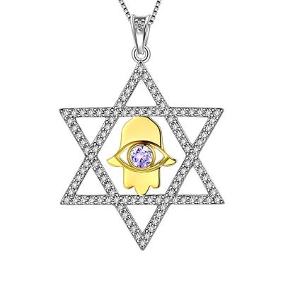 China advance & nickel & 925 Chrome Jewelry Sterling Silver Pentacle Star Zircon Hamsa Hand Evil Eye Free Custom Necklace for sale