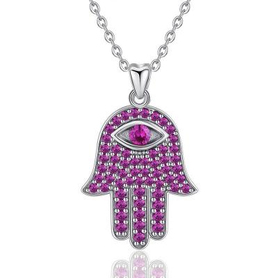 China advance & nickel & Fashion Jewelry 925 Sterling Silver Hamsa Hand Evil Pink Eye Chrome Zircon Pendant Necklace for sale