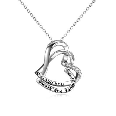 China Nickel I Love You Letter Women's 925 Sterling Silver Cubic Zirconia Double Heart Free And Lead Free Necklace for sale