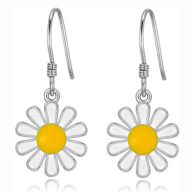 China TRENDY Enamel Daisy Flower Hook Earrings 925 Sterling Silver Dangle Dangling Cute Jewelry For Women for sale