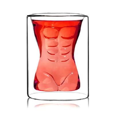 China Sustainable Bar Drinking Cup Double Walled Clear Glass ABS Male Whiskey Body Shape Glass Cups for sale