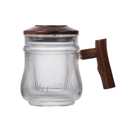 China New promotion OEM classic/postmodern good quality glass tea cup with wooden handle lid and glass filter for sale