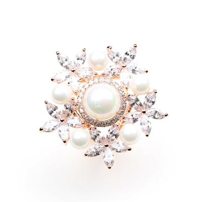 China YANYI retro temperament diamond set three-ring brass delicate imitation pearl silk scarf buckle brooch for sale