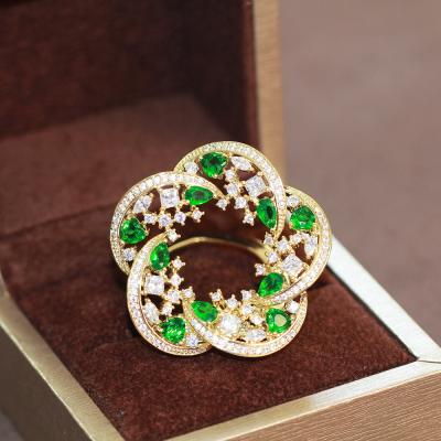 China High-grade brass micro inlaid brooch green women's garland zircon temperament single scarf buckle pin dual-use for sale